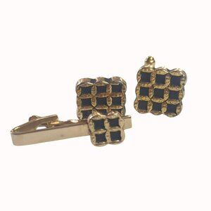 Vintage Black Gold Tone Square Grid Cufflinks and Tip Clip Set